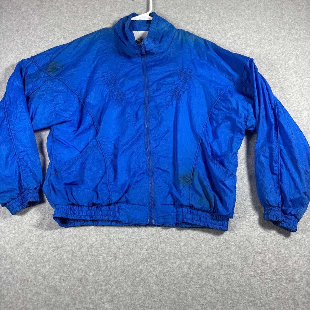 Vintage Kuma Sport Windbreaker Jacket Womens L Blue Floral Embroidered